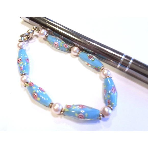 Blue Lampwork Bead Bracelet, Swarovski Pearls and Sterling Lobster Claw Clasp - Picture 3 of 3